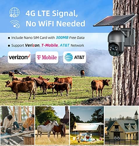מצלמת אבטחה סלולרית של Xega 4G LTE [2 חבילה] מצלמה סולארית חיצונית אלחוטית, 2K HD צבע ראיית לילה PTZ 360